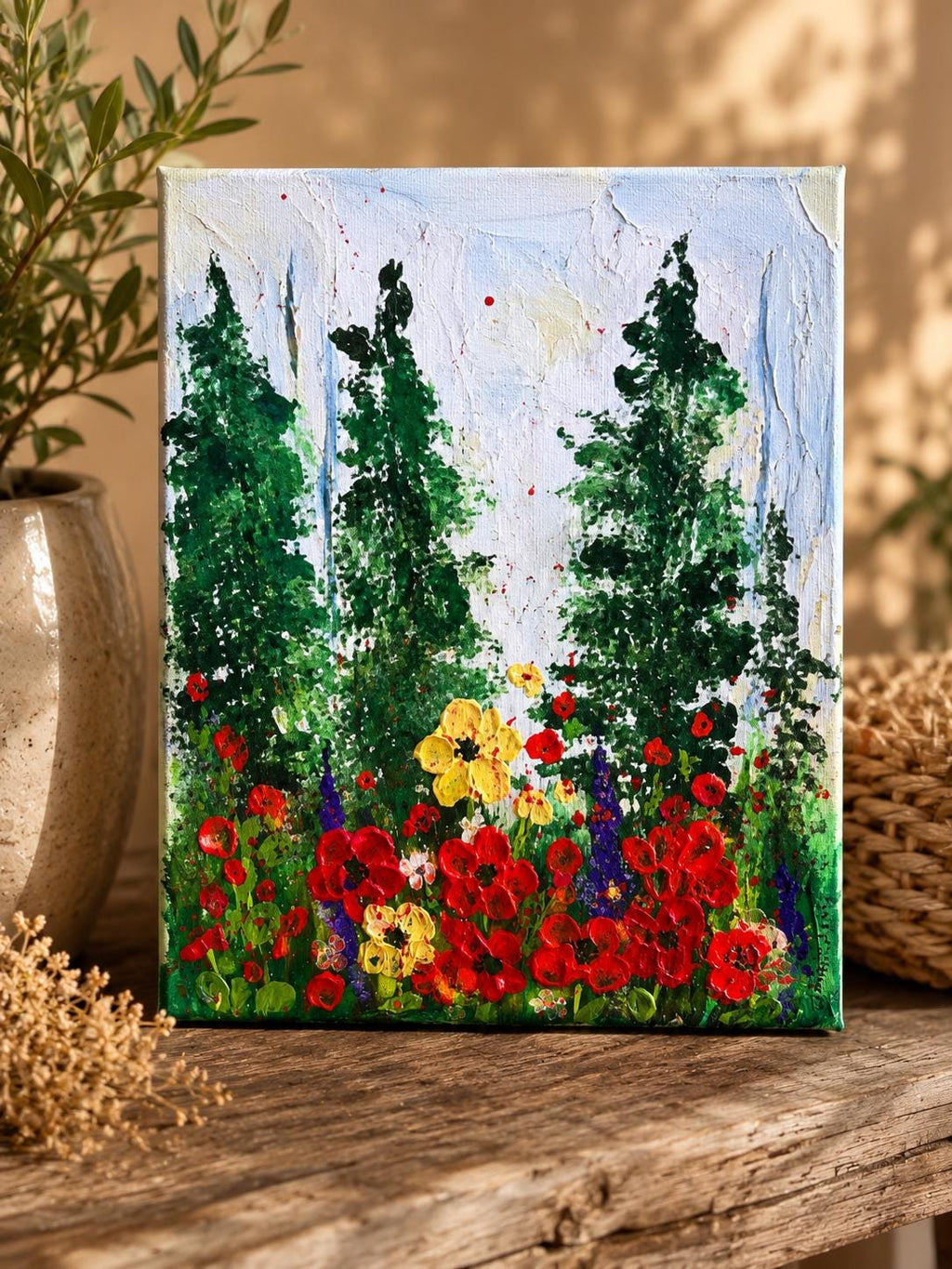 Original Woodland Flowers Painting: Textured Acrylic Palette Knife Art