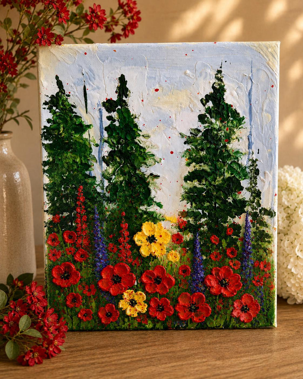Original Woodland Flowers Painting: Textured Acrylic Palette Knife Art