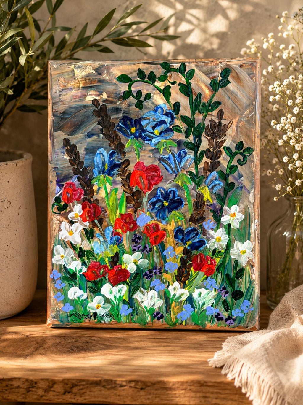Original Painting Folk Art: Textured Acrylic Palette Knife Art