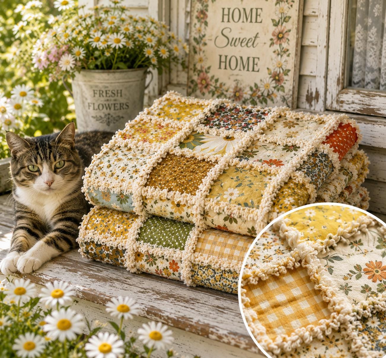 Sunny Days Cottage Rag Quilt Kit | Beginner Rag Quilt Kit | 46x46 No-Cut Quilt Kit | 196 Pre-Cut 5x5 Squares | Shabby Chic Quilt