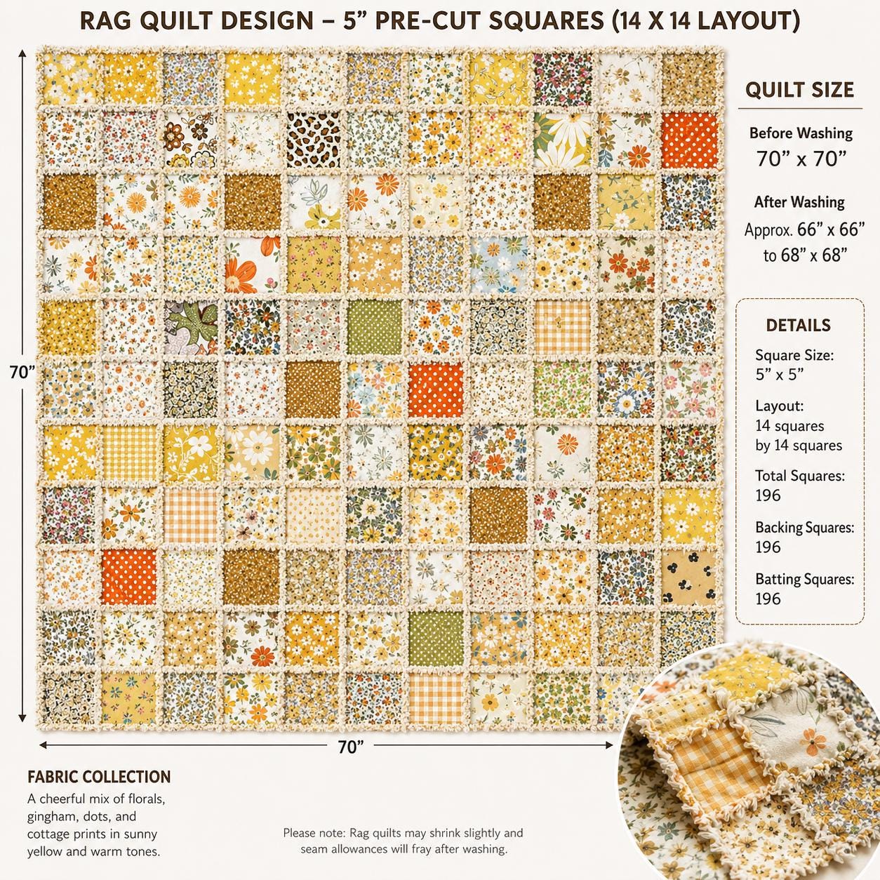 Sunny Days Cottage Rag Quilt Kit | Beginner Rag Quilt Kit | 46x46 No-Cut Quilt Kit | 196 Pre-Cut 5x5 Squares | Shabby Chic Quilt