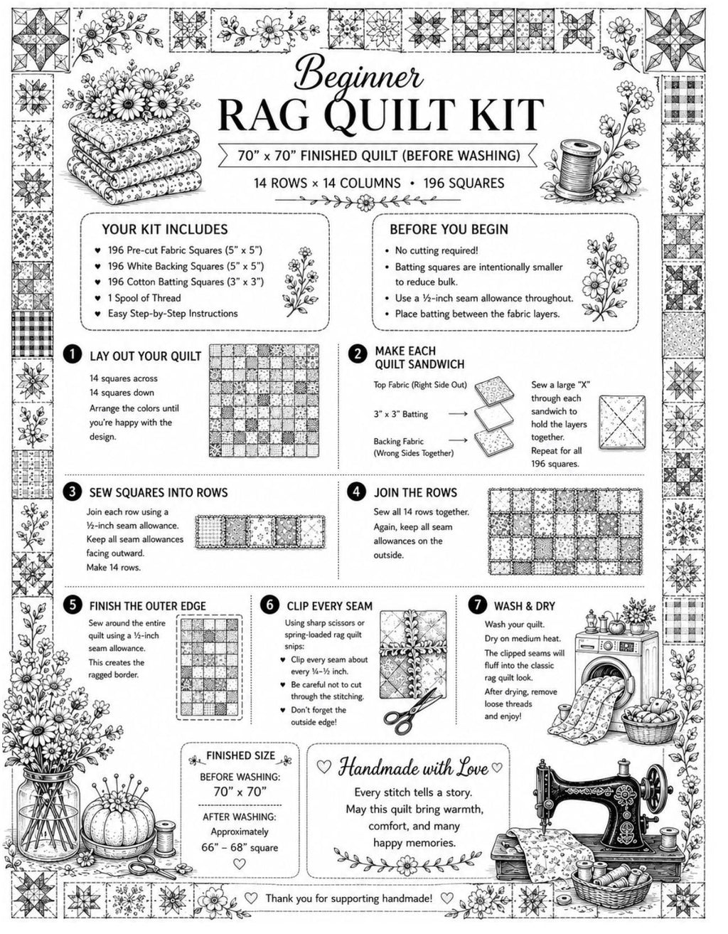 Sunny Days Cottage Rag Quilt Kit | Beginner Rag Quilt Kit | 46x46 No-Cut Quilt Kit | 196 Pre-Cut 5x5 Squares | Shabby Chic Quilt