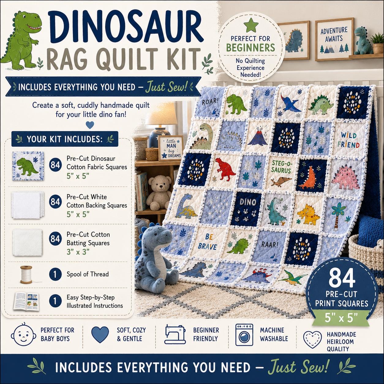 Dinosaur Rag Quilt Kit  No Cutting Required  Beginner Baby Rag Quilt Kit  84 Pre-Cut 5" Cotton Squares  Includes Instructions & Thread