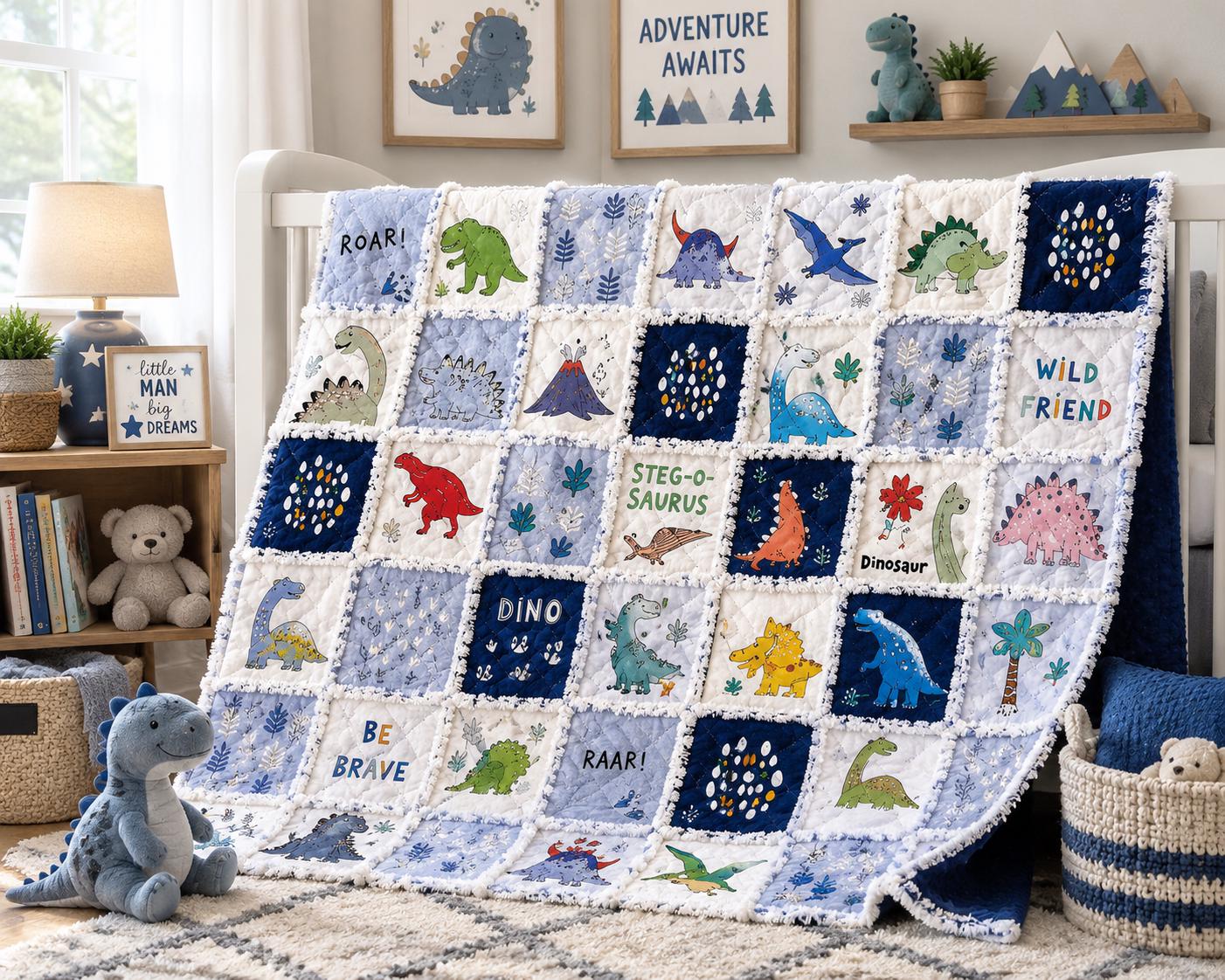 Dinosaur Rag Quilt Kit  No Cutting Required  Beginner Baby Rag Quilt Kit  84 Pre-Cut 5" Cotton Squares  Includes Instructions & Thread