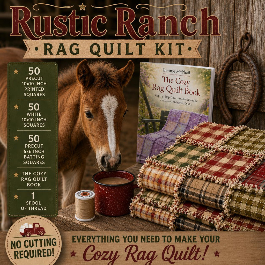 Rustic Ranch Rag Quilt Kit | Beginner Quilt Kit with Book | Horse Lover Gift | No Cutting Required | Farmhouse Rag Quilt | Cozy DIY Quilt
