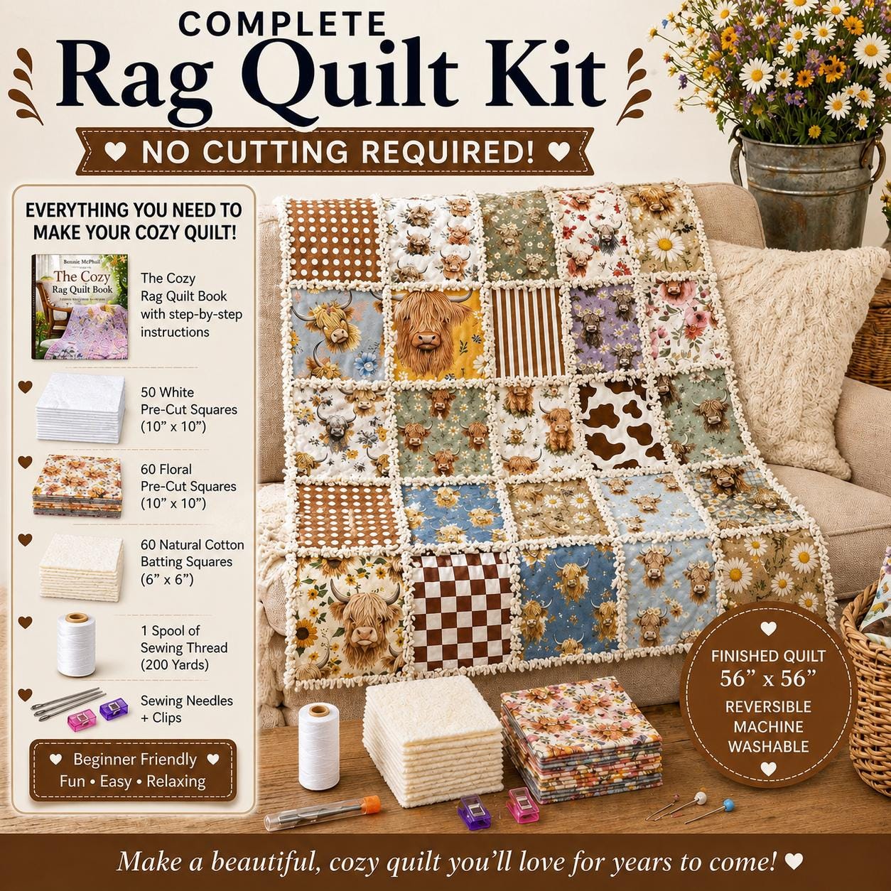 Beginner Highland Cow Rag Quilt Kit with Book | Pre Cut Fabric Quilt Kit | Easy DIY Sewing Project | Complete Quilt Kit | Cozy Handmade Gift