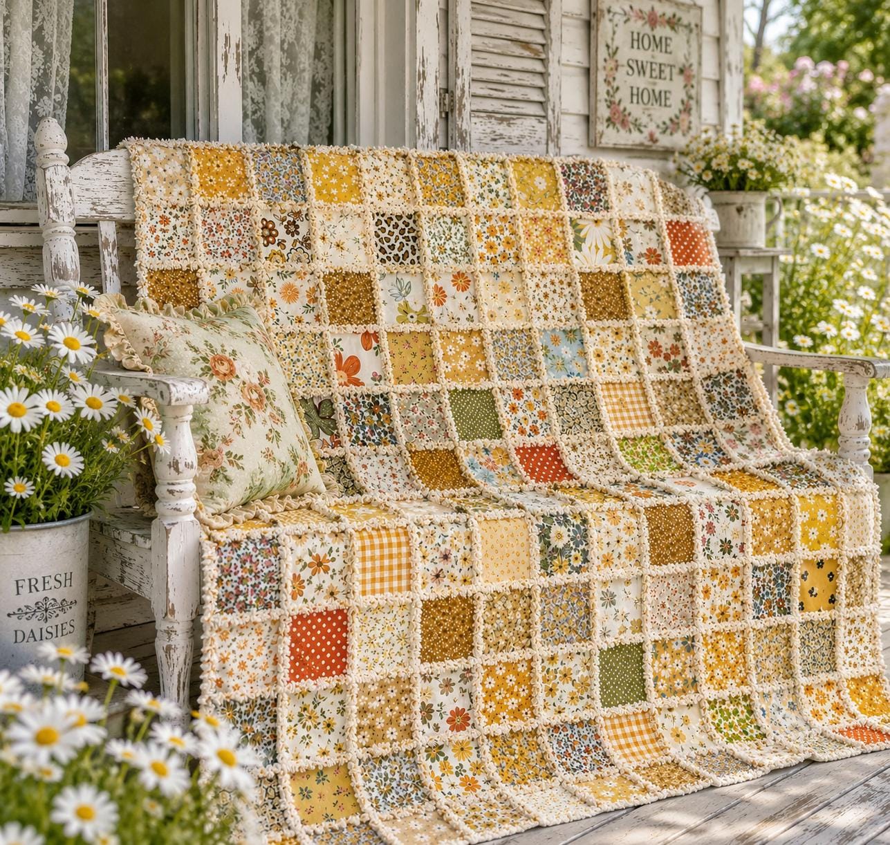 Sunny Days Cottage Rag Quilt Kit | Beginner Rag Quilt Kit | 46x46 No-Cut Quilt Kit | 196 Pre-Cut 5x5 Squares | Shabby Chic Quilt