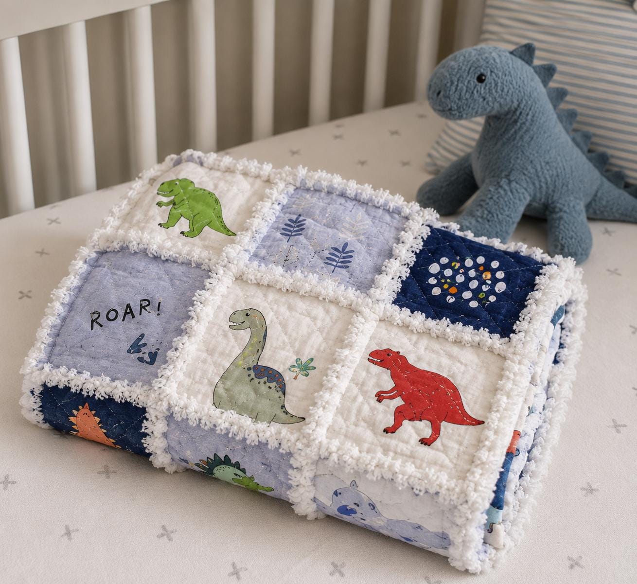 Dinosaur Rag Quilt Kit  No Cutting Required  Beginner Baby Rag Quilt Kit  84 Pre-Cut 5" Cotton Squares  Includes Instructions & Thread