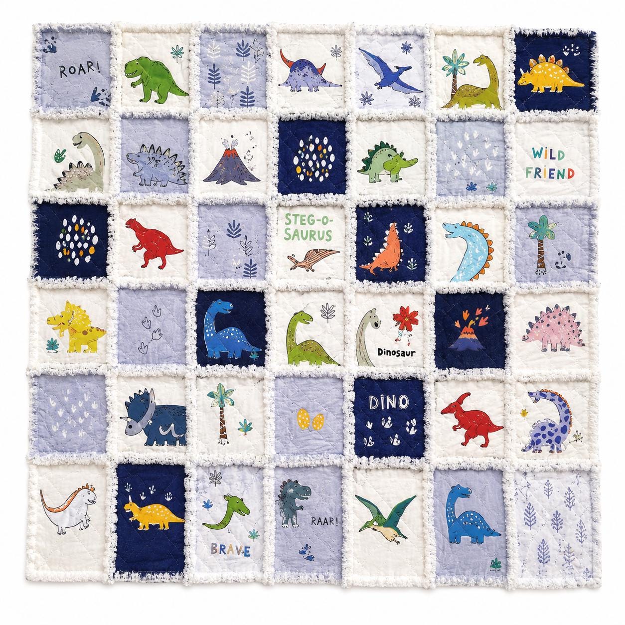 Dinosaur Rag Quilt Kit  No Cutting Required  Beginner Baby Rag Quilt Kit  84 Pre-Cut 5" Cotton Squares  Includes Instructions & Thread