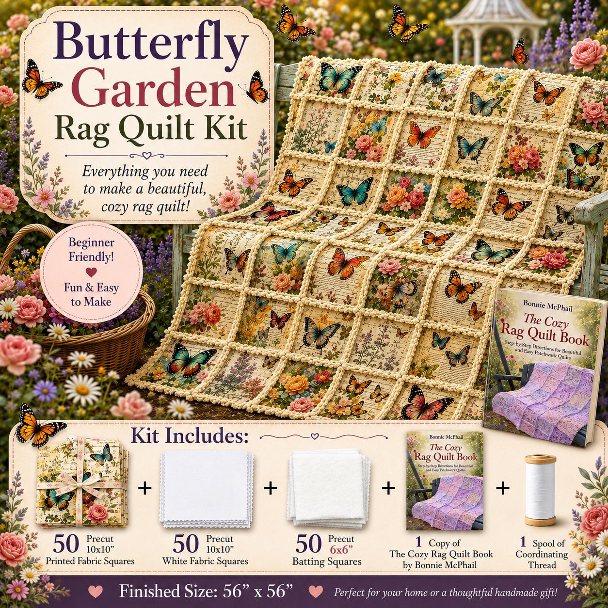 Butterfly Garden Rag Quilt Kit | Beginner Sewing Kit with Book | Cottagecore Quilt Kit | DIY Rag Quilt | Butterfly Floral Quilt | 56x56