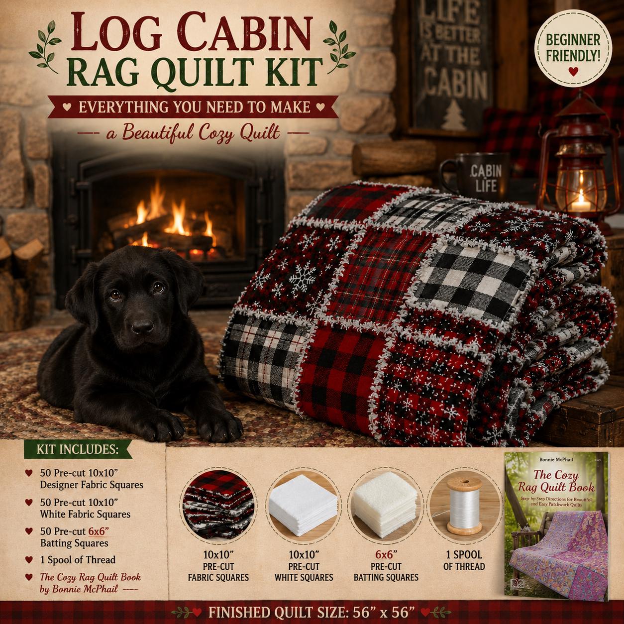 Log Cabin Rag Quilt Kit | Beginner Quilt Sewing Kit | Rustic Buffalo Plaid Quilt | Cozy Cabin DIY Quilt Kit | Complete Rag Quilt Set