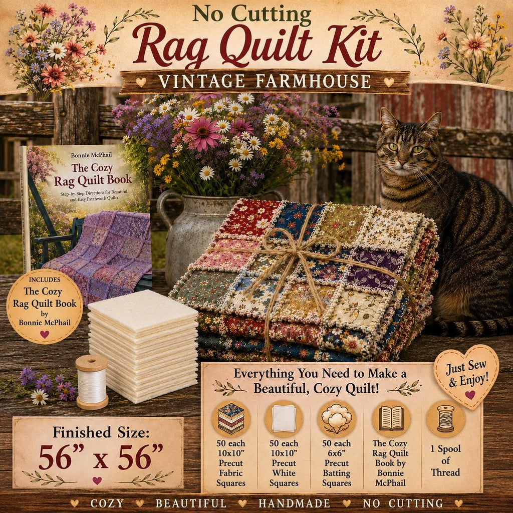 Beginner Rag Quilt Kit Vintage Farmhouse | No Cutting Quilt Kit with Book | Pre Cut Fabric Quilt Kit | DIY Cozy Quilt Kit | 56x56 Quilt