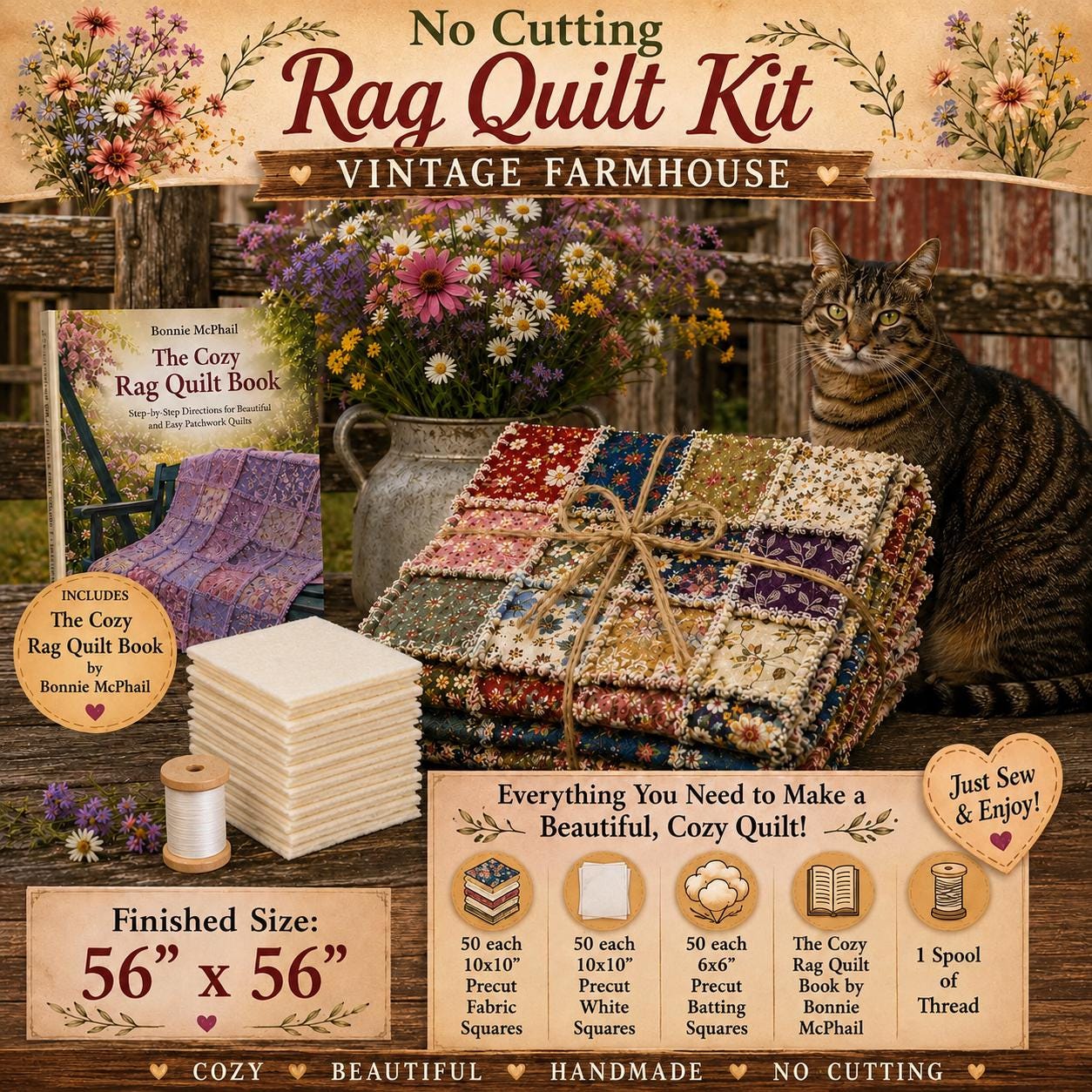 Beginner Rag Quilt Kit Vintage Farmhouse | No Cutting Quilt Kit with Book | Pre Cut Fabric Quilt Kit | DIY Cozy Quilt Kit | 56x56 Quilt