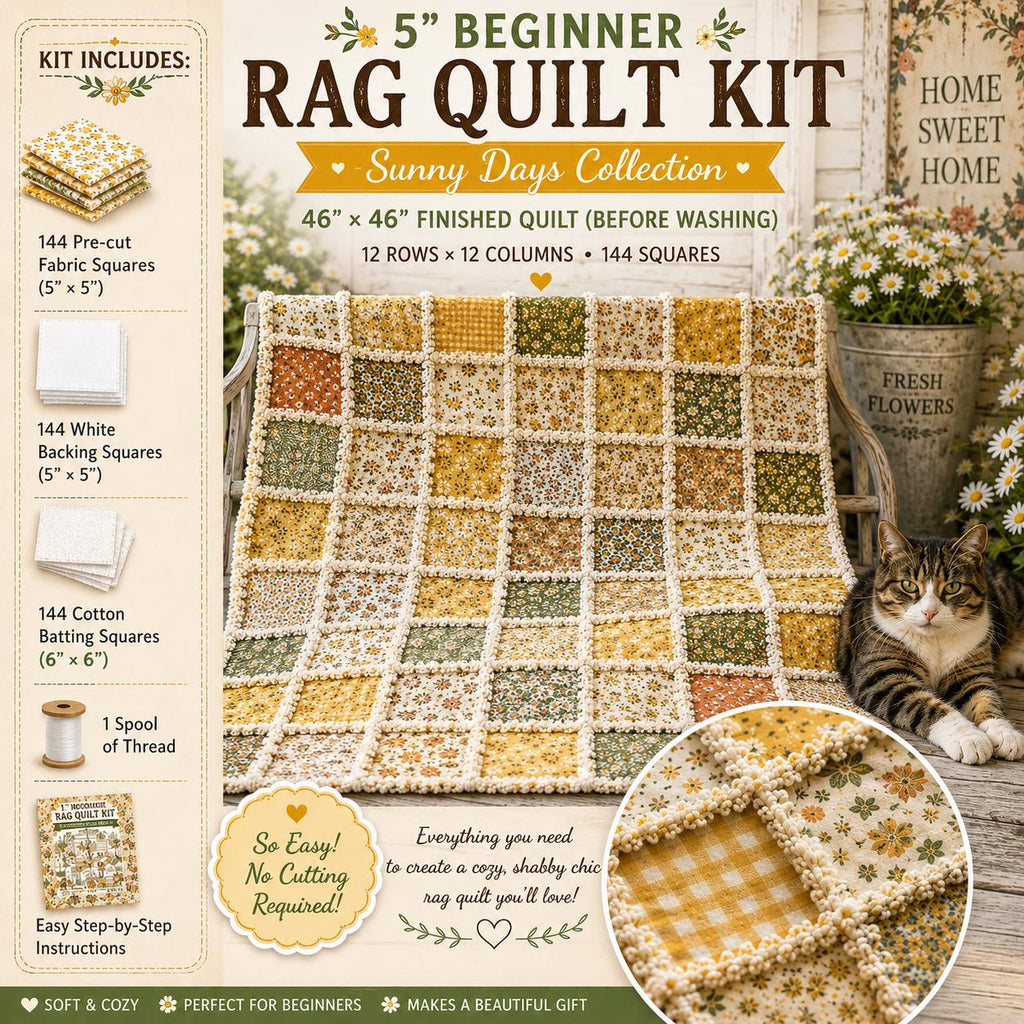 Sunny Days Cottage Rag Quilt Kit | Beginner Rag Quilt Kit | 46x46 No-Cut Quilt Kit | 196 Pre-Cut 5x5 Squares | Shabby Chic Quilt