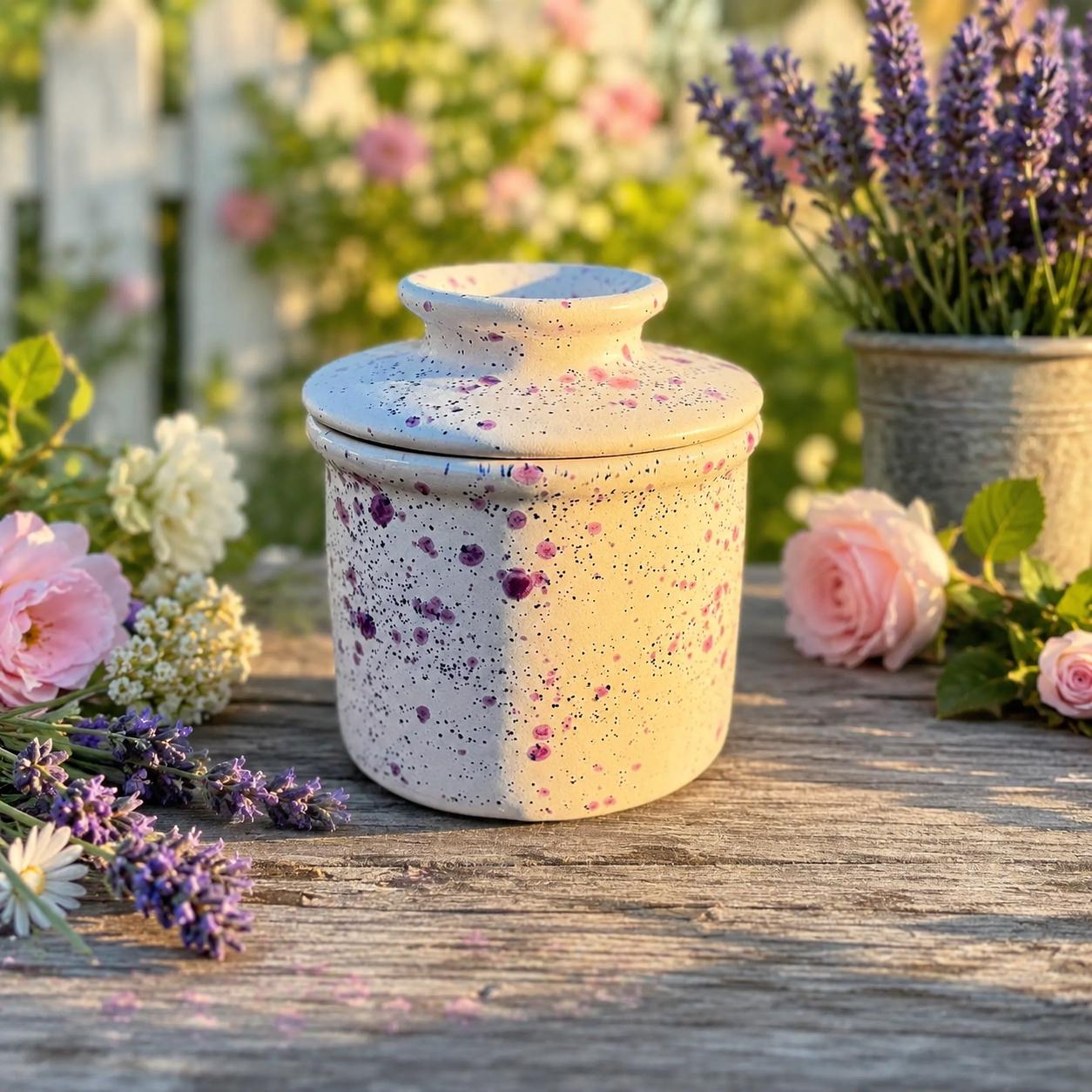Hand Glazed French Butter Crock: Frosted Berries Ceramic Butter Keeper