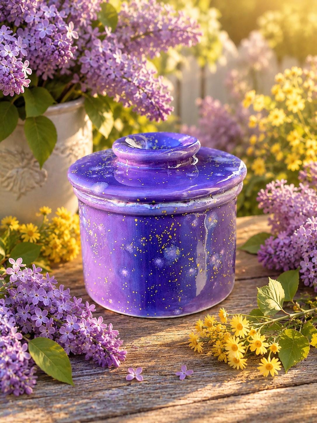 Hand Glazed French Butter Crock: Periwinkle Sky Frosted Berries
