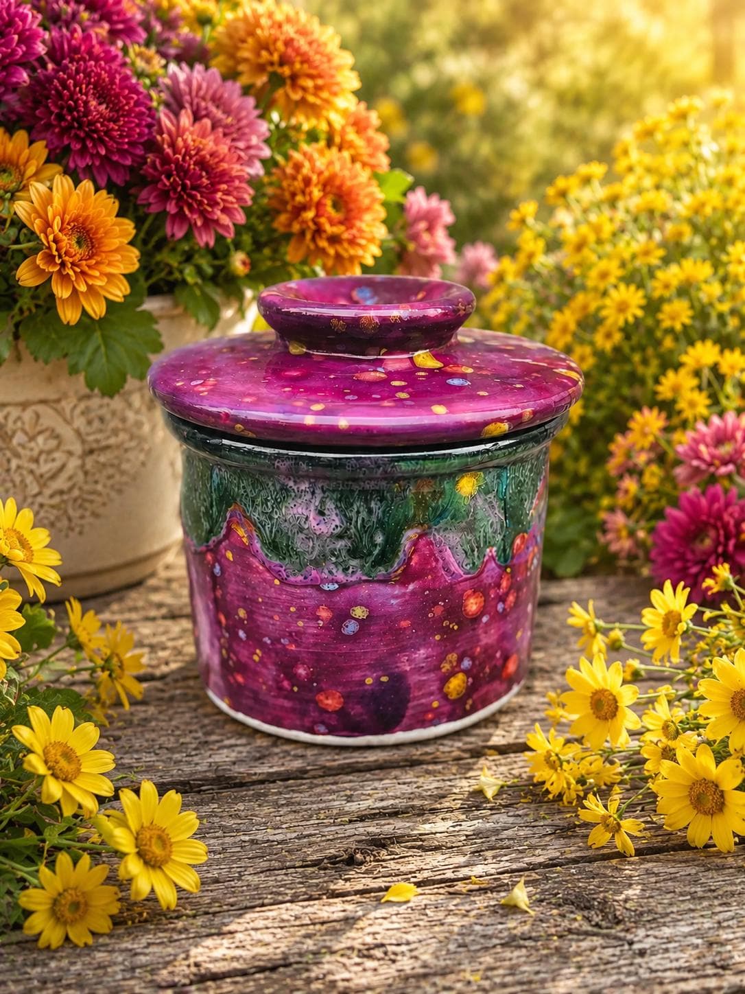 Hand Glazed French Butter Crock: Floral Fantasy Butter Keeper