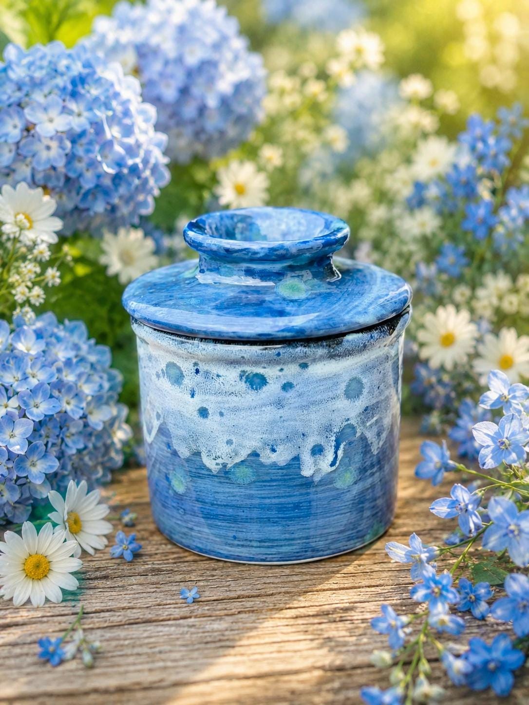 Azure Blue French Butter Crock: Hand Glazed Ceramic Butter Keeper