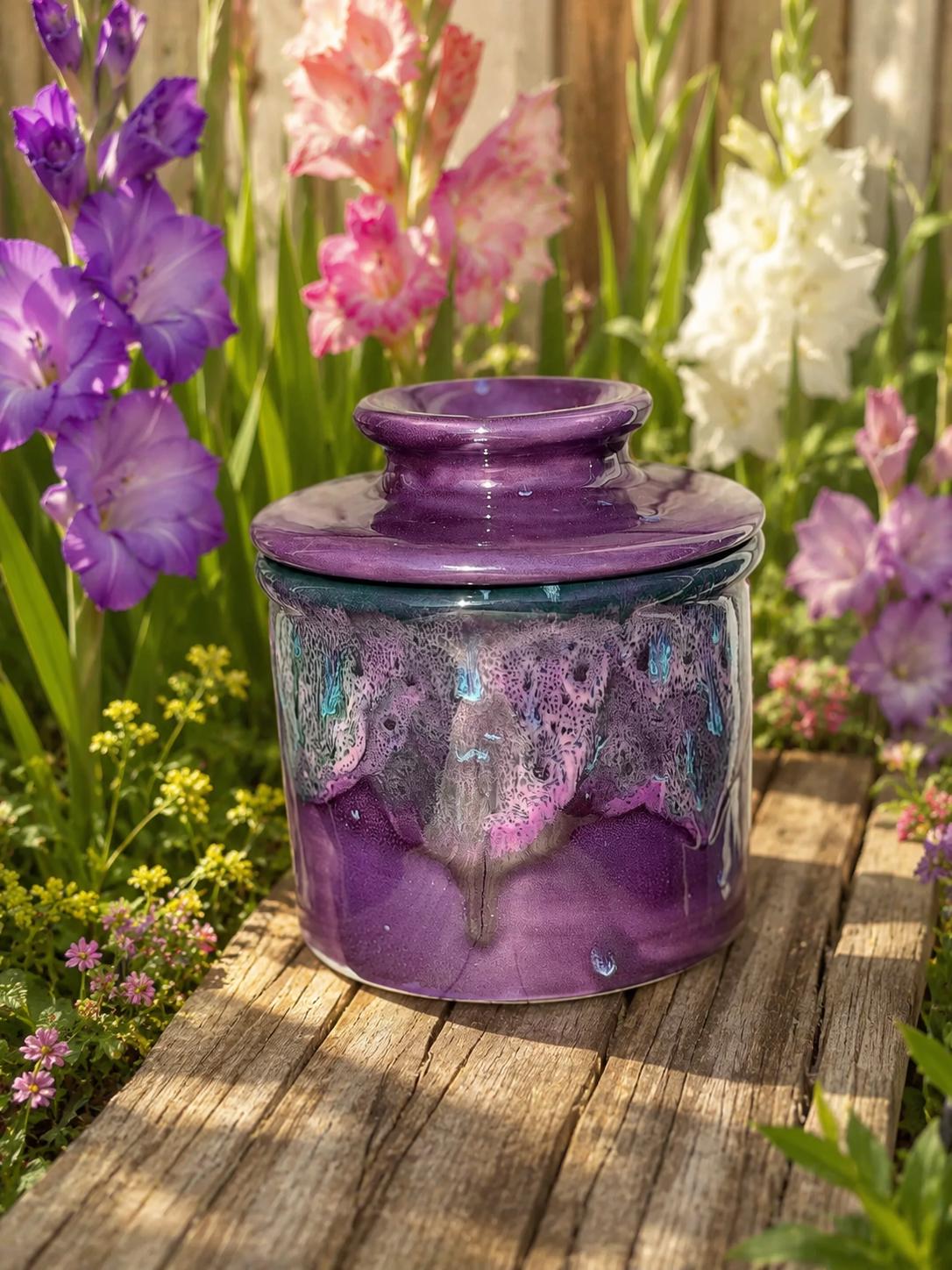 Hand Glazed French Butter Crock: Royal Fantasy Butter Keeper