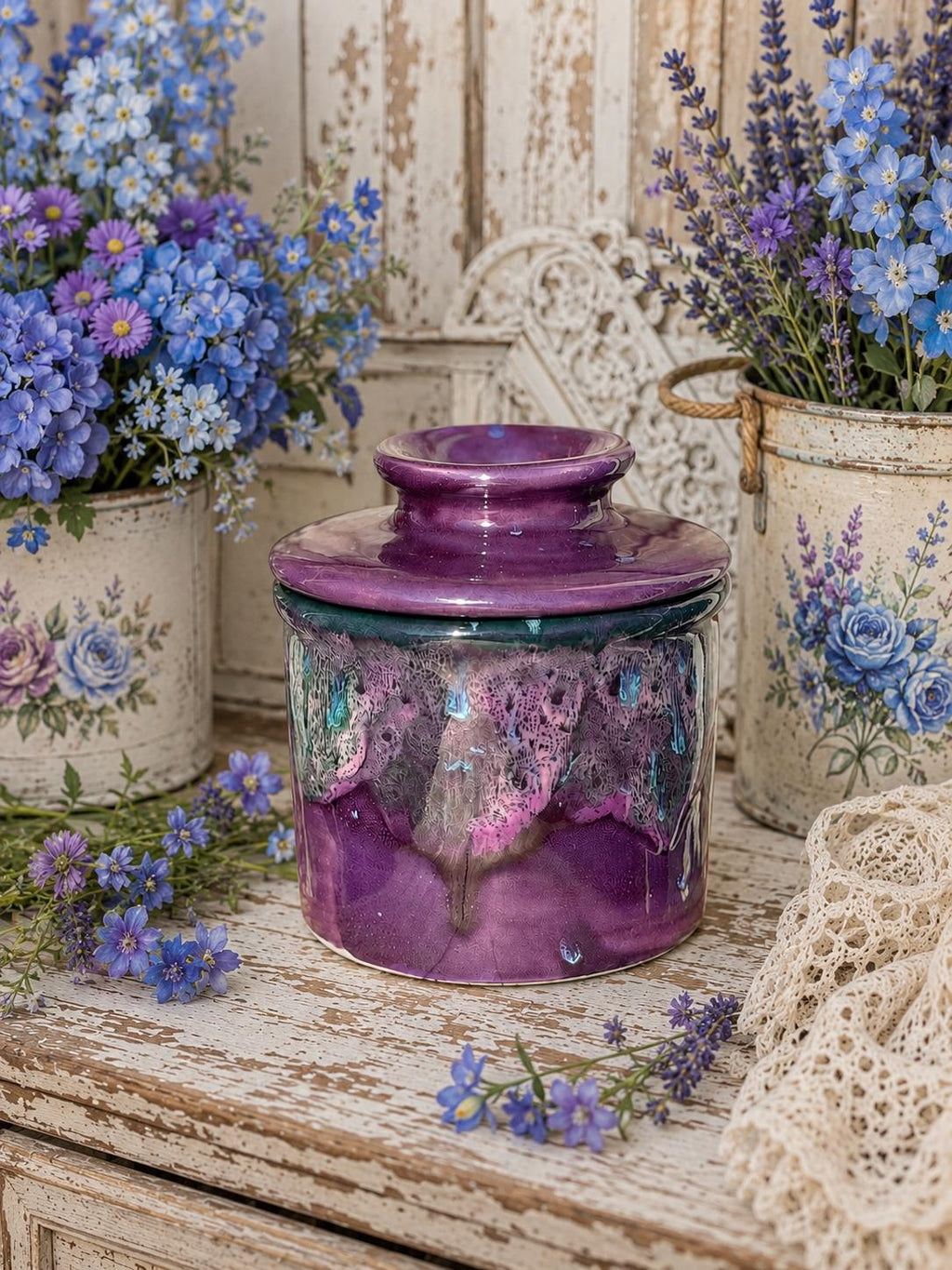 Hand Glazed French Butter Crock: Royal Fantasy Butter Keeper