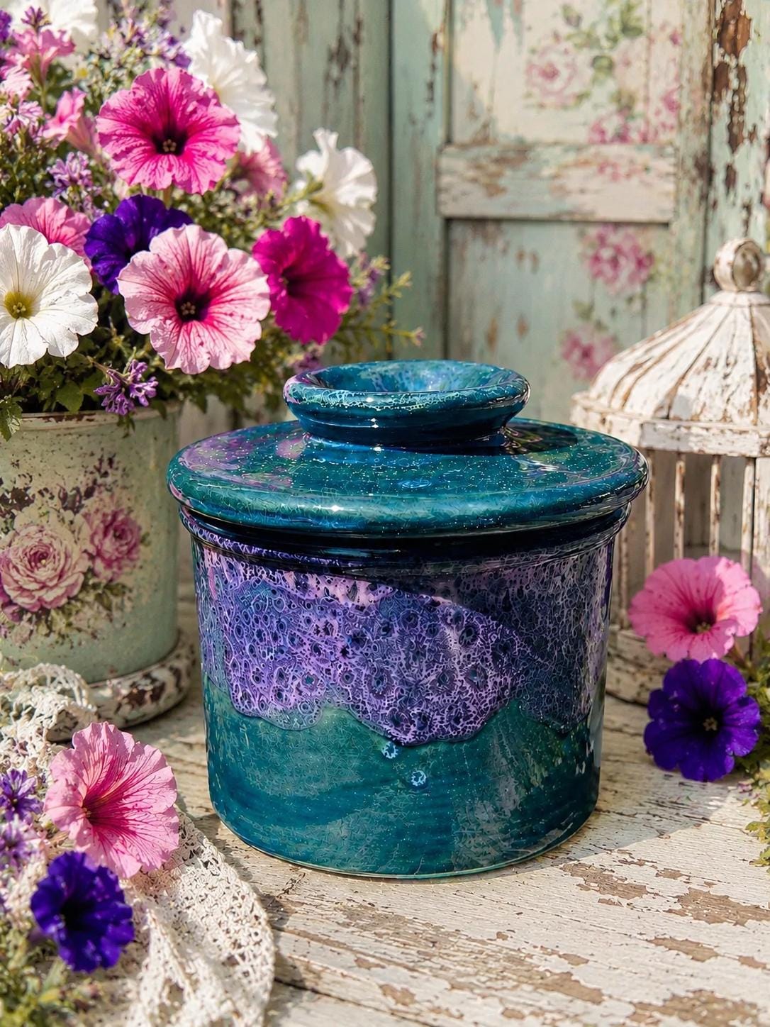 Peacock Purple French Butter Crock: Hand Glazed Ceramic Butter Keeper