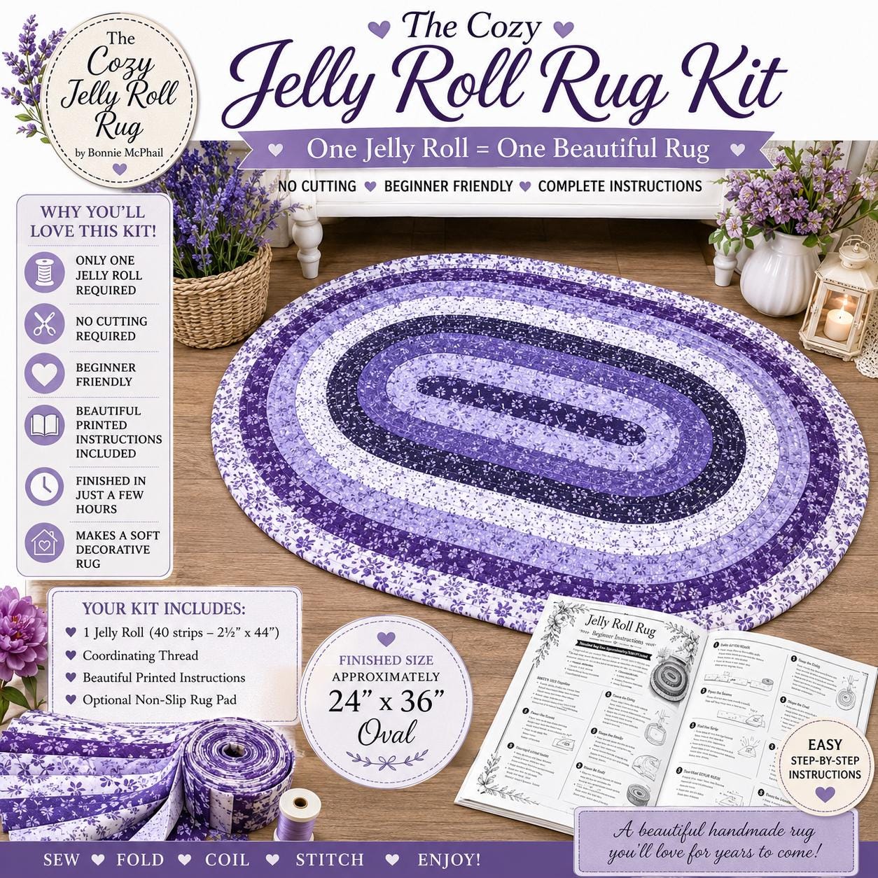 The Cozy Jelly Roll Rug Kit One Jelly Roll = One Beautiful Rug