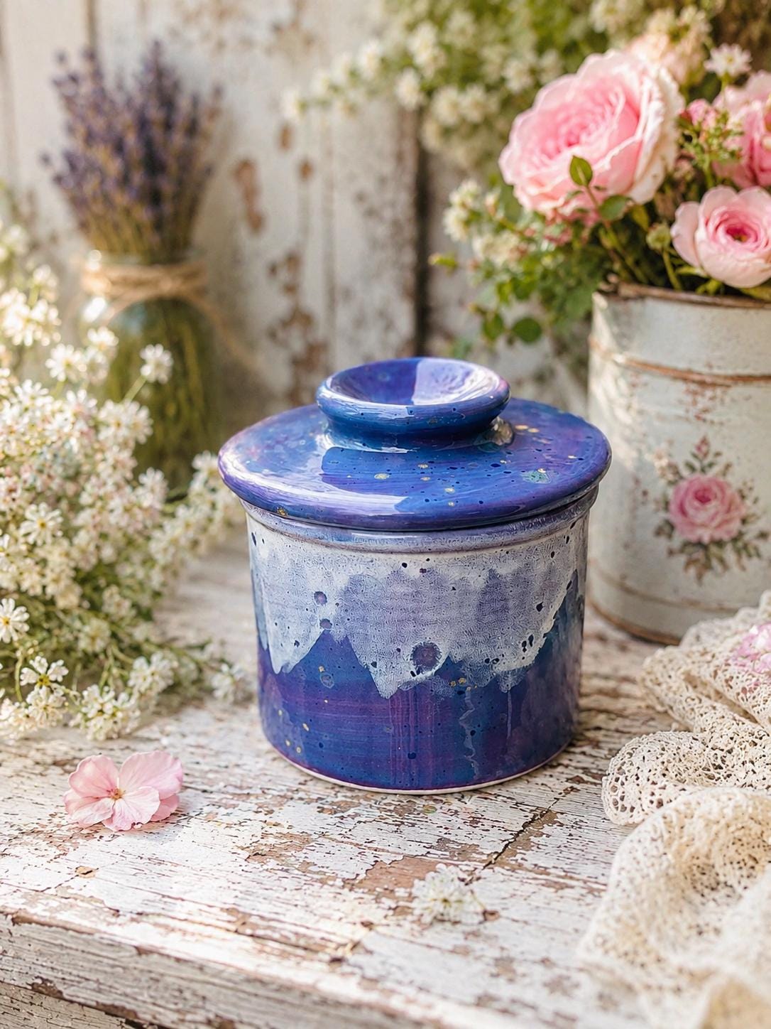 Blue Caprice Wisteria Purple French Butter Crock: Hand Glazed Ceramic Butter Keeper