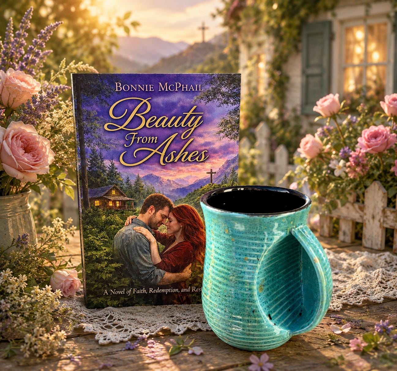 Hand Glazed Guppy Mug and FREE BOOK Beauty From Ashes Christian Romance Novel