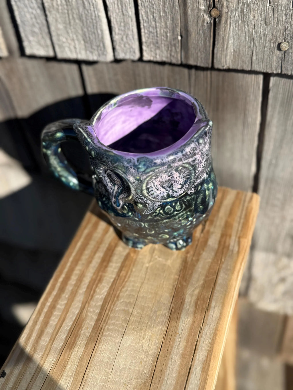 Moonlit Owl Ceramic Mug – 16 oz Hand Glazed Coffee Mug – Purple Interior – Artisan Owl Cup – One of a Kind Pottery Gift