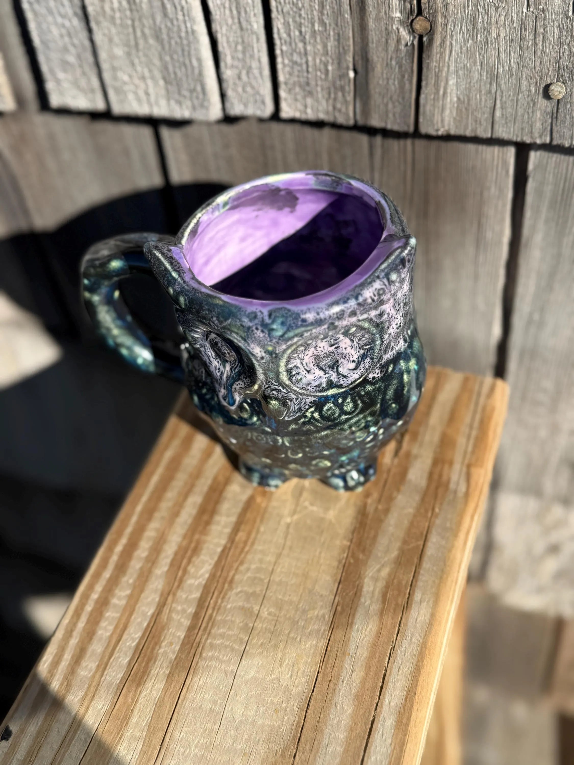 Moonlit Owl Ceramic Mug – 16 oz Hand Glazed Coffee Mug – Purple Interior – Artisan Owl Cup – One of a Kind Pottery Gift