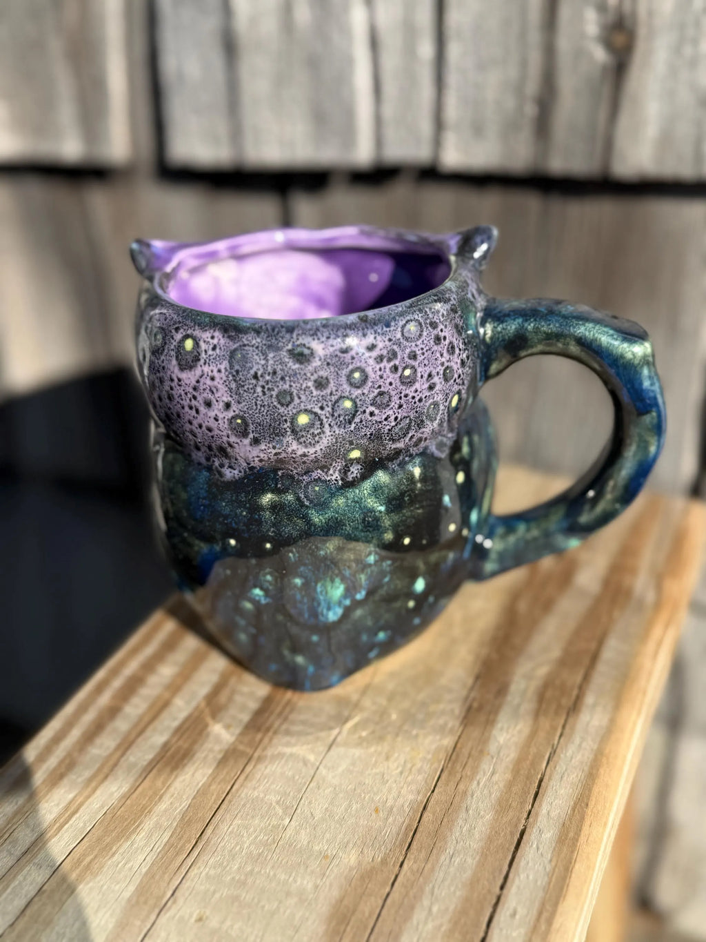 Moonlit Owl Ceramic Mug – 16 oz Hand Glazed Coffee Mug – Purple Interior – Artisan Owl Cup – One of a Kind Pottery Gift